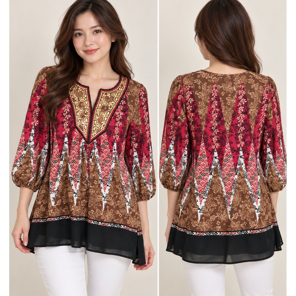 Ruby Rd Petite Boho Studded Tunic Top Red Brown Patterned PS